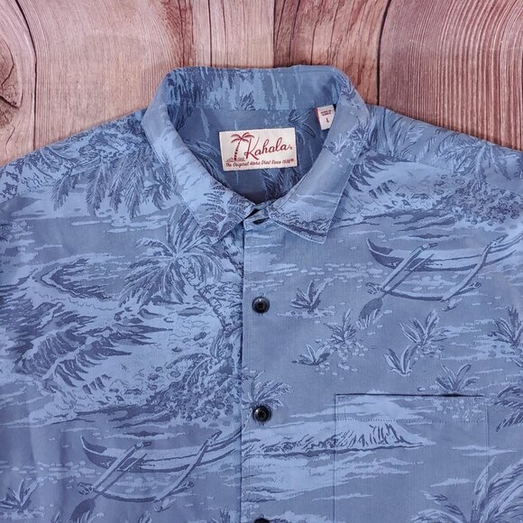 Kahala Mens Large Blue Aloha Hawaiian Palm Tree Island Scenic SS Camp Shirt - Picture 3 of 13